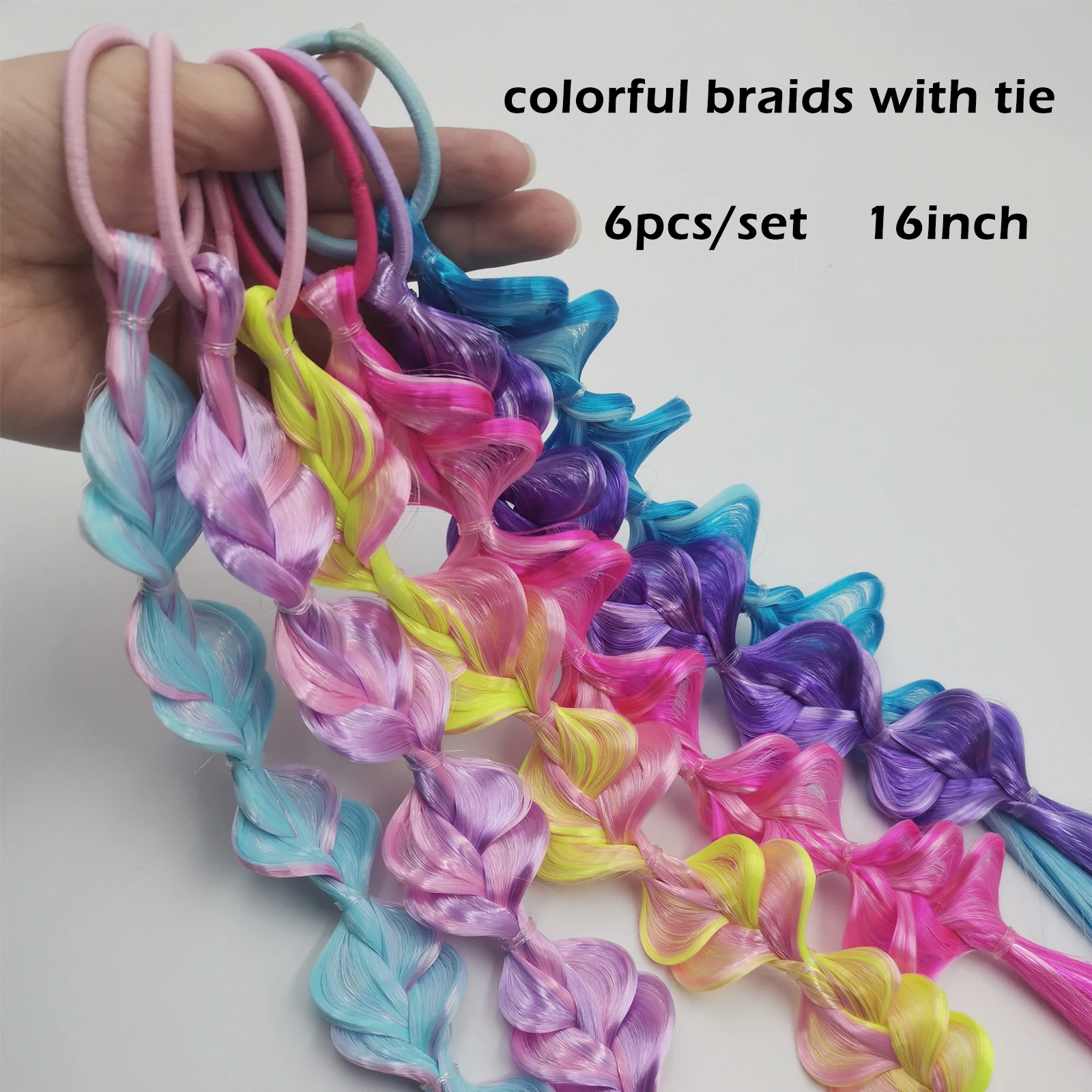 Synthetische 6er-Pack geflochtene Haarverlängerungen, bunte vorgefertigte Pferdeschwanz-Haarteile mit Gummibändern, synthetische Haaraccessoires für Kinder – Detail 3