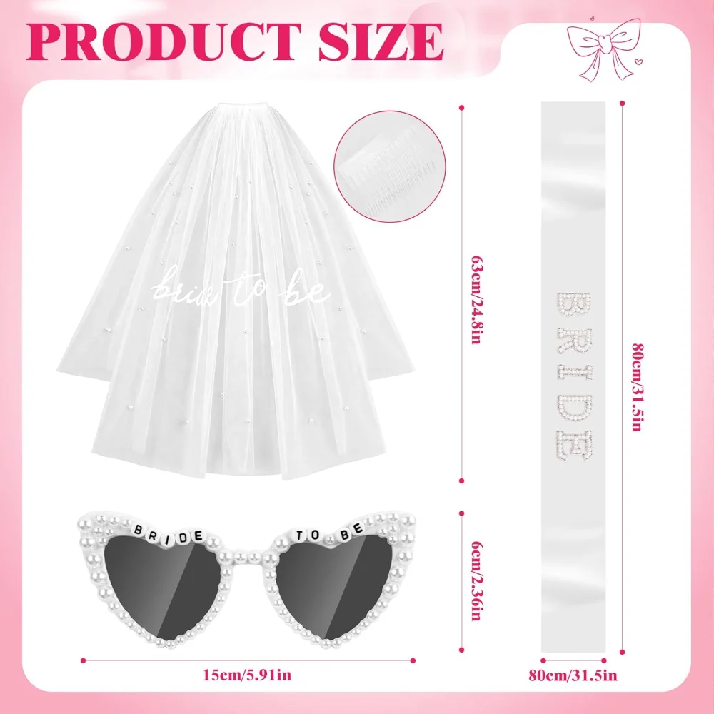 Braut-Zubehör-Set mit Schleier, Schärpe und Sonnenbrille für Junggesellinnenabschied, Brautparty, Verlobung, Strand, Flitterwochen, Foto-Requisiten – Detail 1