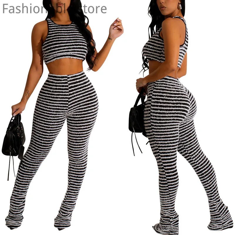 

Women Striped Vest And High Waist Skinny Pants 2Piece Set
