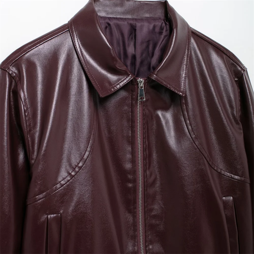 Bmurhmza outono/inverno novo produto jaqueta de couro casual feminino confortável gola retro cor sólida casaco com zíper do plutônio