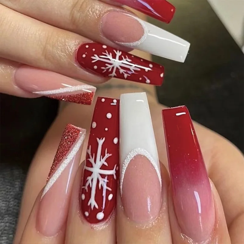 24Pcs Wearable False Nails with Glue Long Ballerina Pink Press on Nails French Full Cover Coffin Fake Nails Tip with Rhinestones