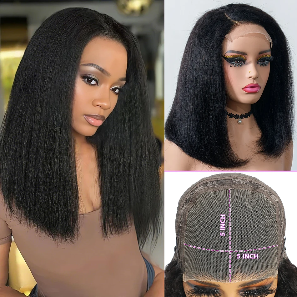 

100% Human Hair Bob Kinky Straight Hair 5x5 HD Lace Glueless Wigs Ready Wear 250% Density Afro Yaki Straight Lace Closure Wigs