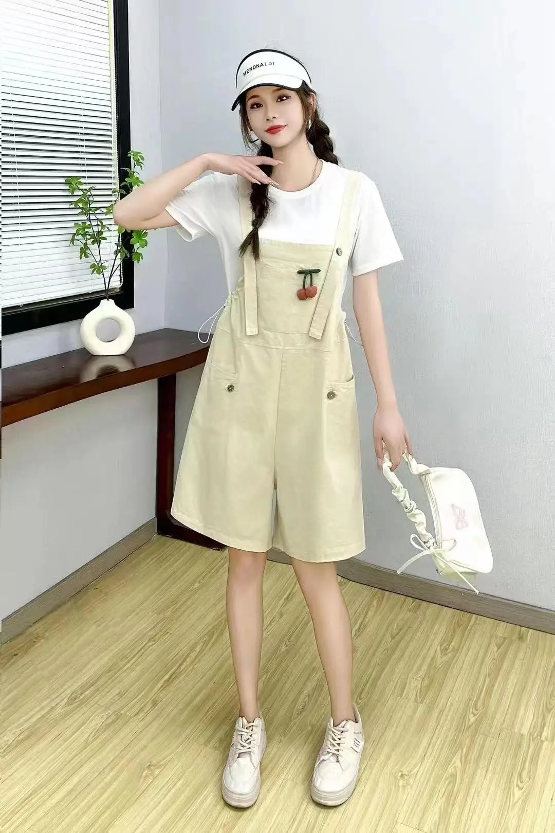 

Summer New Thin Women Playsuit Loose Cotton Linen Ripped Rompers Korean Style Solid Plain Casual Length Bib Pants with Pockets