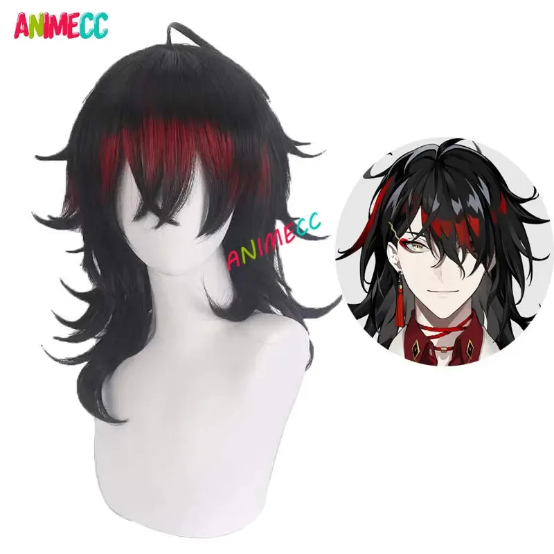 2025 yiyiVtuber Luxiem Vox Akuma Cosplay Long Black Highlights Heat Resistant Synthetic Halloween Party Anime Wigs + Wig Cap