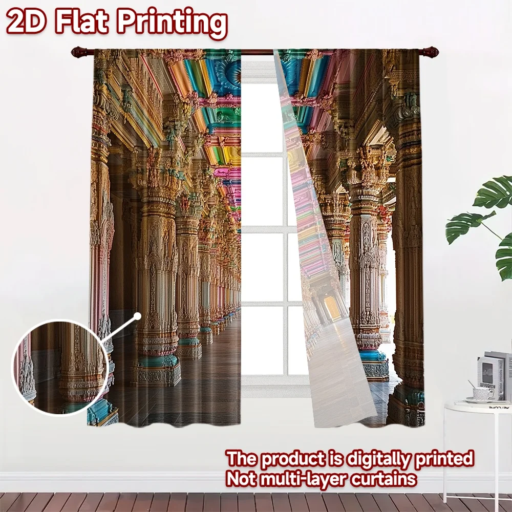 2D flat 2pcs Curtain Modern Minimalist Style Colorful Temple Corridor (2) Durable polyester fiber Birthday Party Use for Room