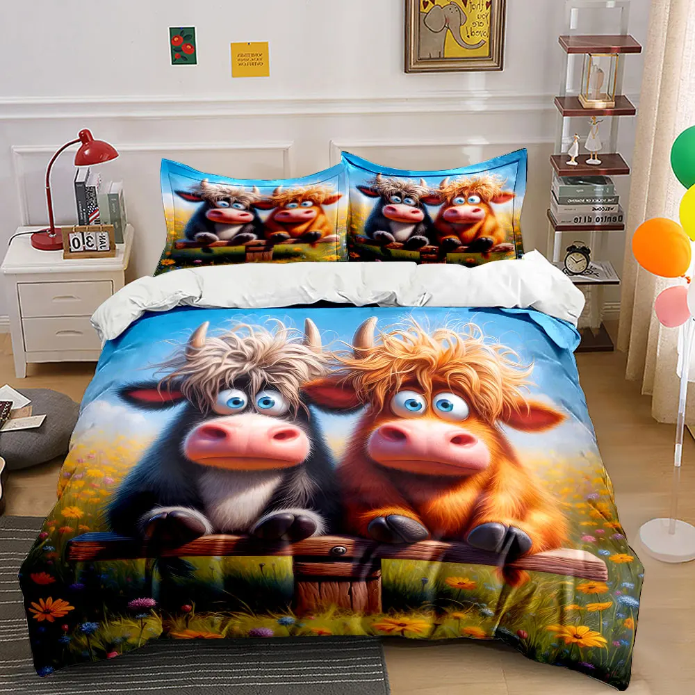 Two adorable calves sat on a bench Print Bedding Set 1 Duvet Cover 2 Pillowcases for Adult and Children Luxury Gift Full Size