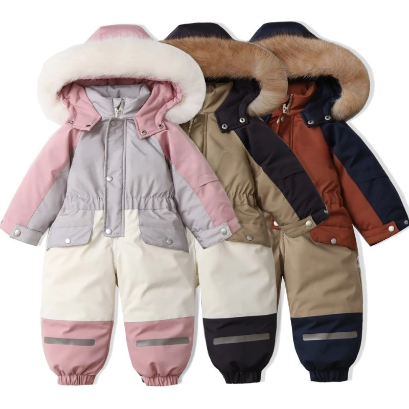 

Color matching hooded fleece thickened ski suit children's onesie winter new baby climbing suit