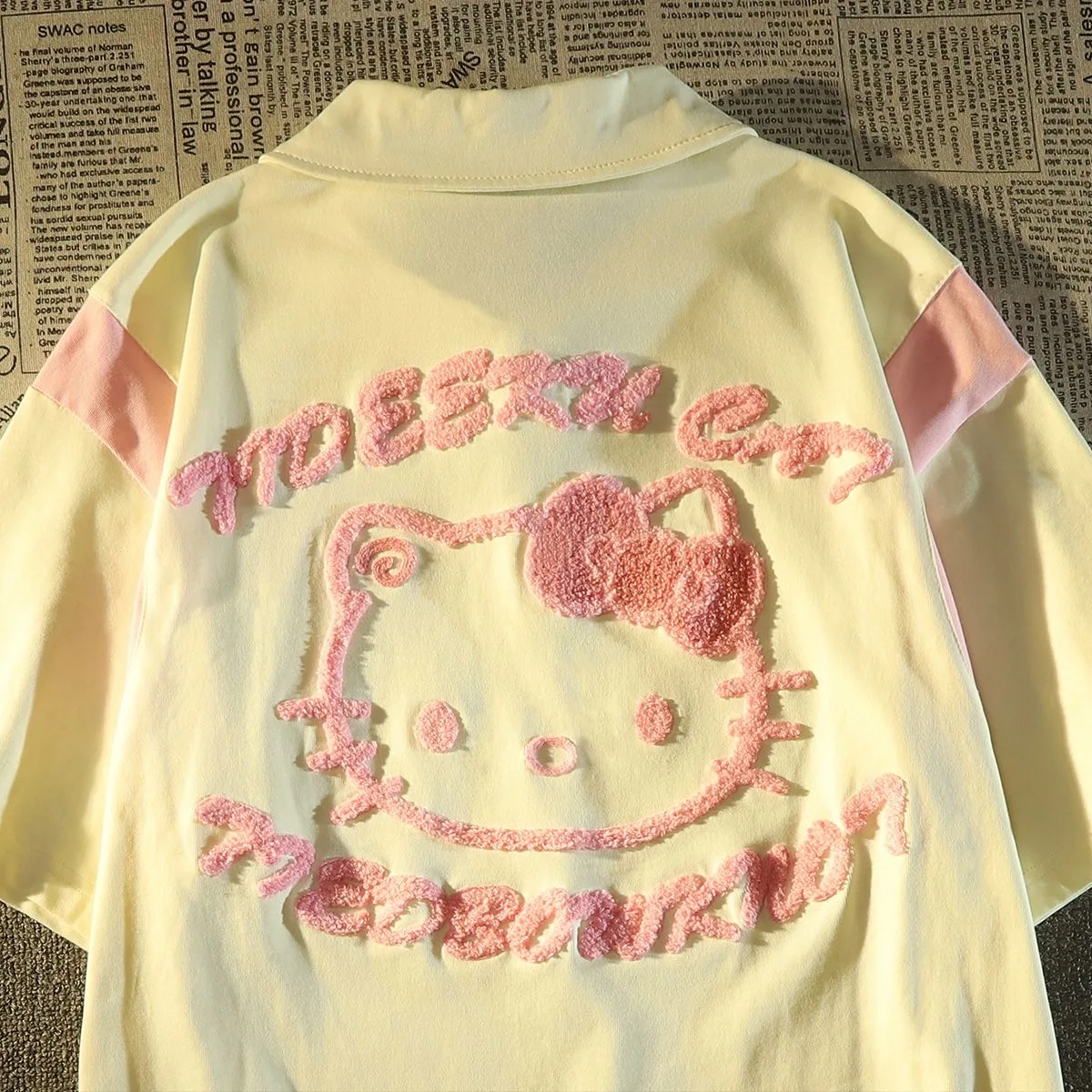 Sanrio Hello Kitty Polo Shirt Cartoon Embroidery Flocking Kitty Summer T shirts Women Oversized Tees Harajuku Streetwear Tops