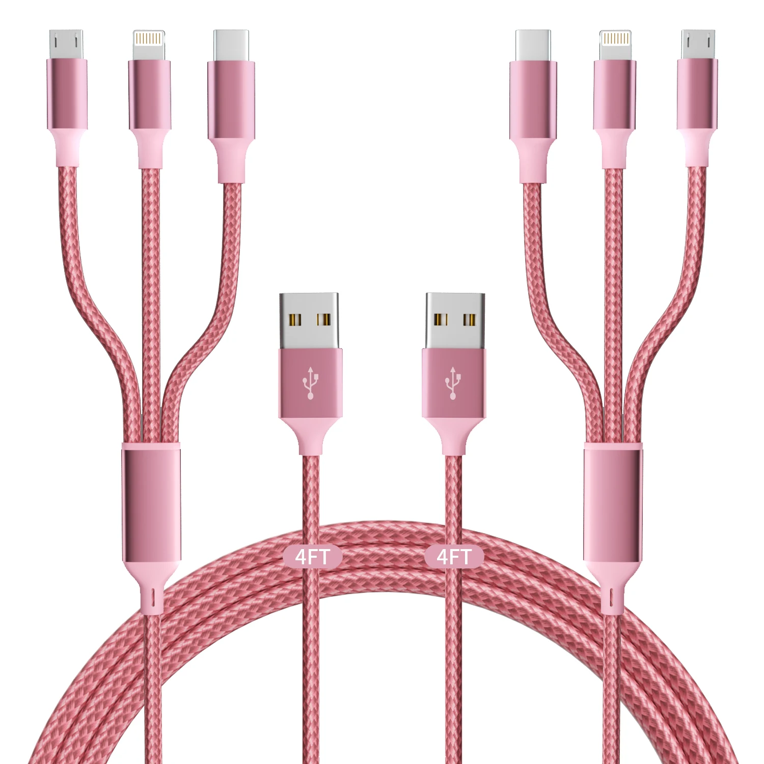 2pcs 1.2m 4ft 3 in 1 USB charging cable with Type-C Micro USB IP Port Nylon Braided MFi Certified Charging Cable for iPhone