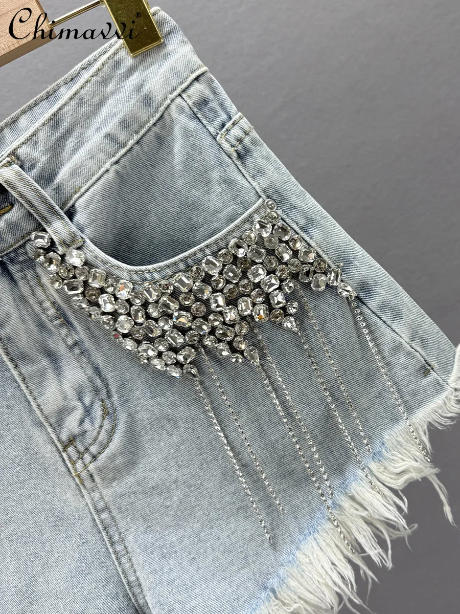 ヘビーダイヤモンドフリンジデニムショーツ女性の 2025 夏服新ファッションハイウエストスリムフィットヨーロッパワイドレッグホットパンツ