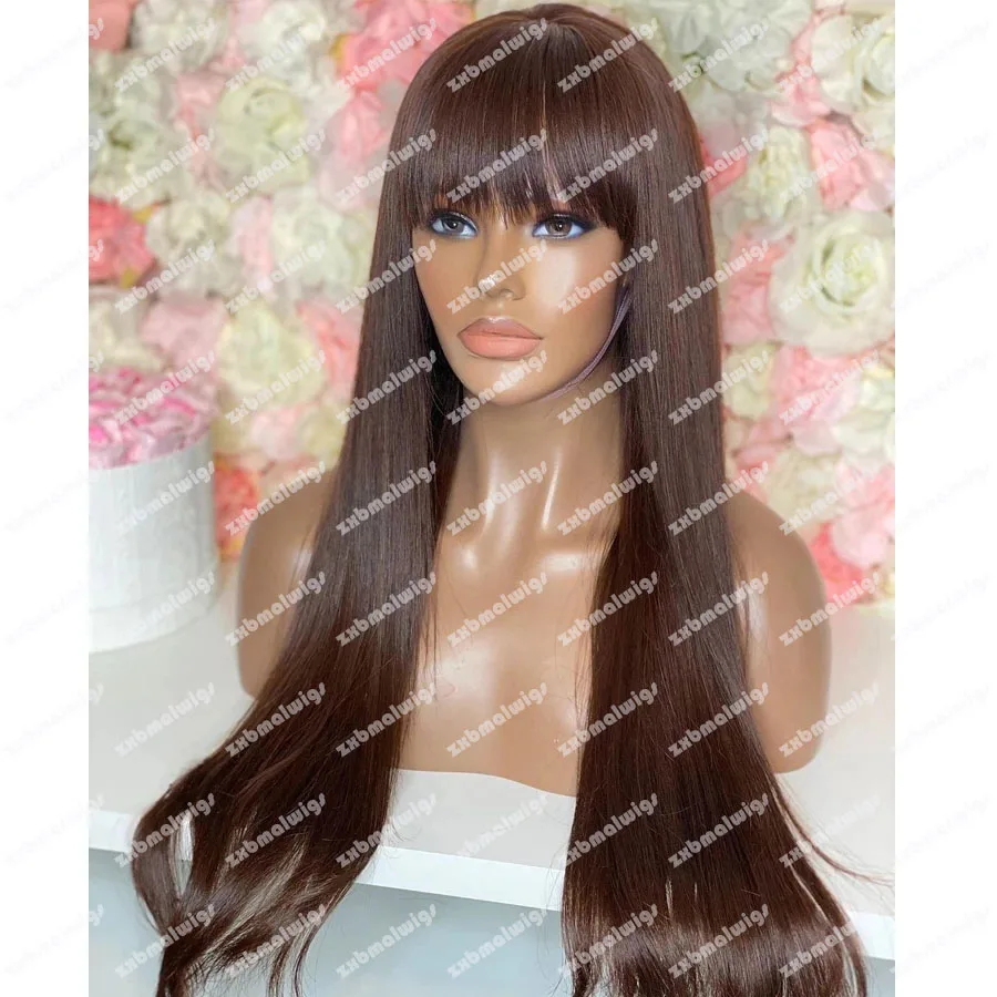 Long  Chocolate Brown Transparent Lace Front Synthetic Hair Wigs Straight  with Bangs  Lace Frontal Fringe Wigs