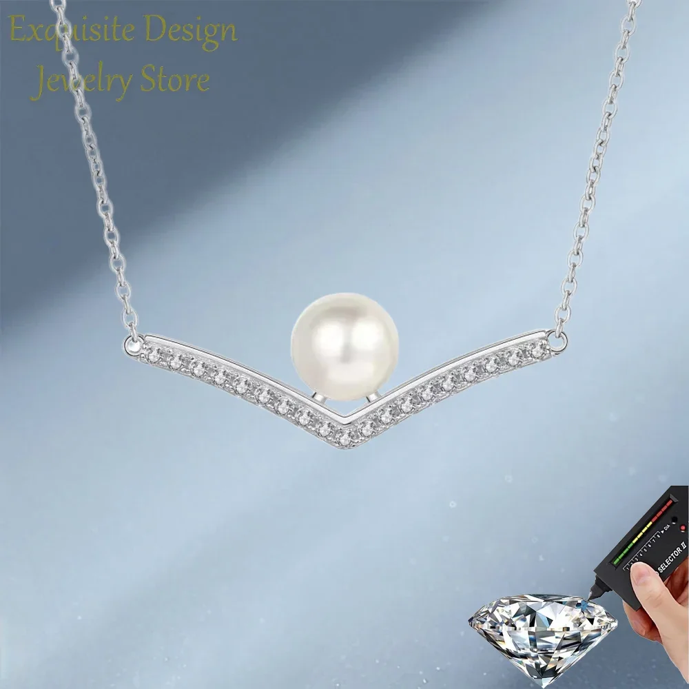 Women's Moissanite Diamond V Shaped Necklace, Platinum PT950 Flawless Natural Freshwater Pearl Pendant Chain for Birthday Gift