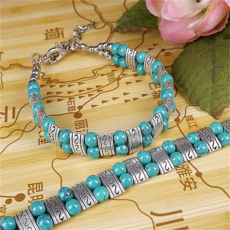 Bohemian Natural Turquoise Beaded Fashion Bracelet Simulation Turquoise Beaded Bright Luster Long Lasting Bangle Jewellery Gift