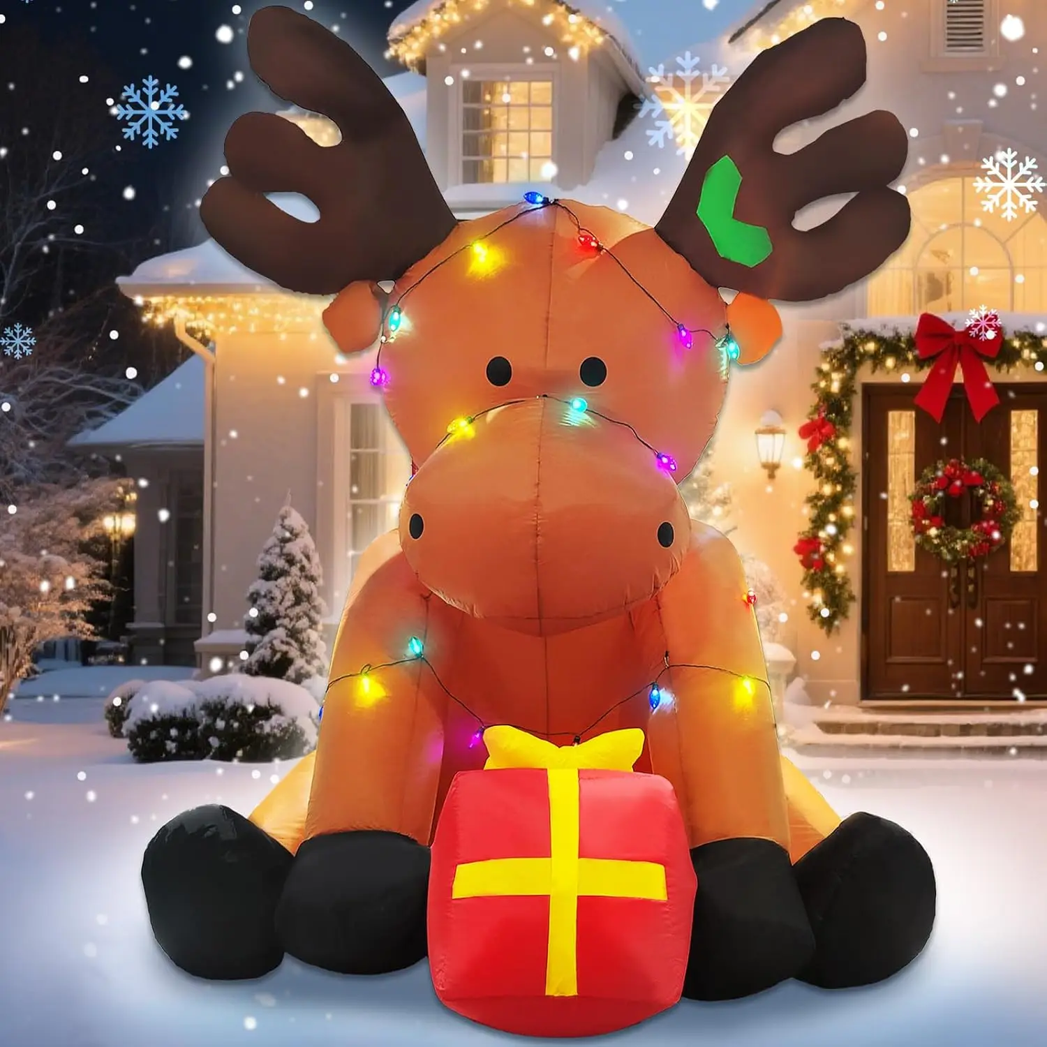 Christmas Outdoor Inflatable Decorations, 8 FT Giant Inflatable Reindeer Yard Decor with Multicolor String Lights, Blow-Up LED Holiday Decor for Indoor, Outside, Lawn, and Garden