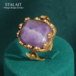 Retro Noble Purple Square Natural Stone Rings for Women Prong Setting Wedding Bands Vintage Antique Jewelry Party Copper 2024