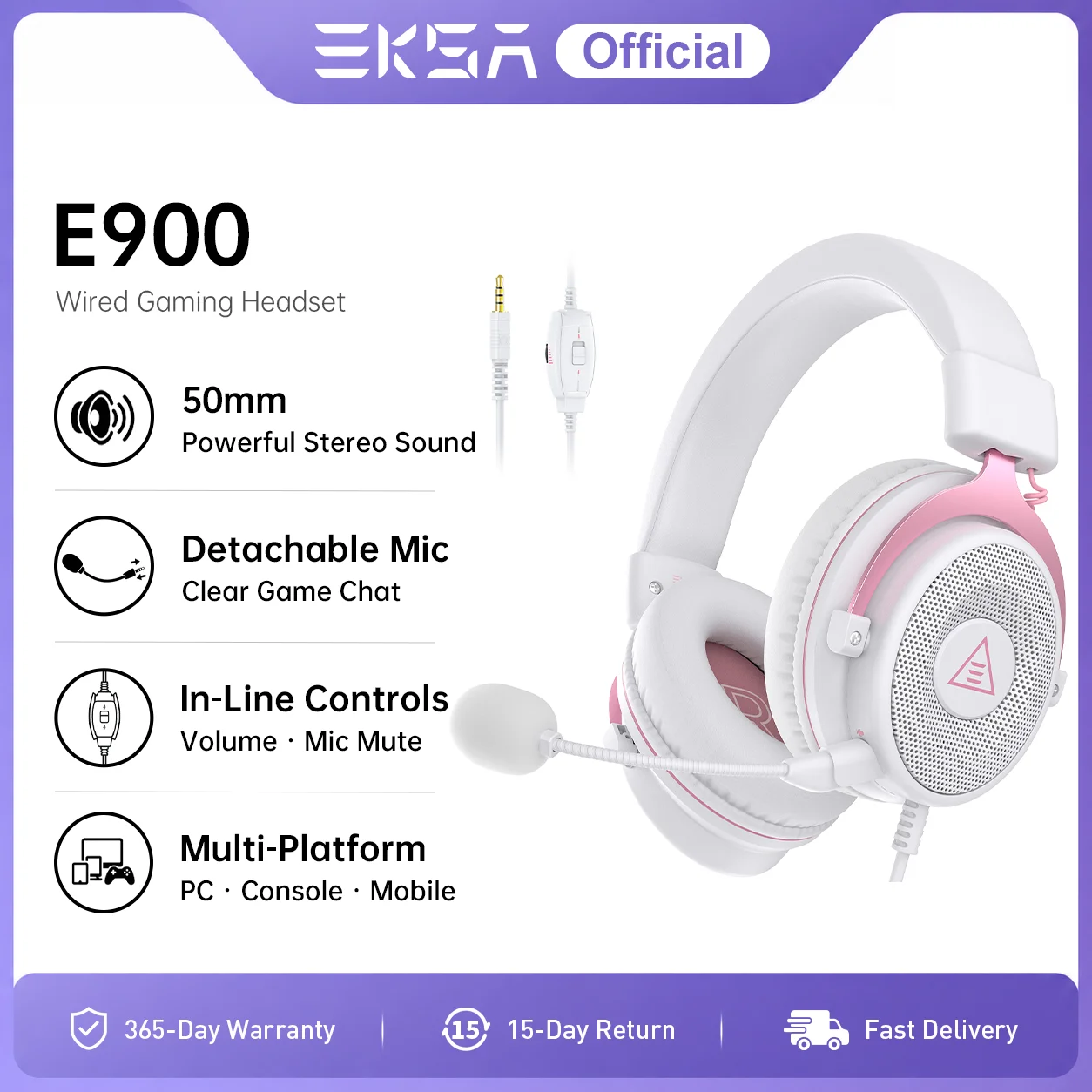 EKSA E900 PC Gaming Fones de ouvido com fio de 3,5 mm Fone de ouvido estéreo para jogadores com microfone removível para PS4/PS5/Xbox