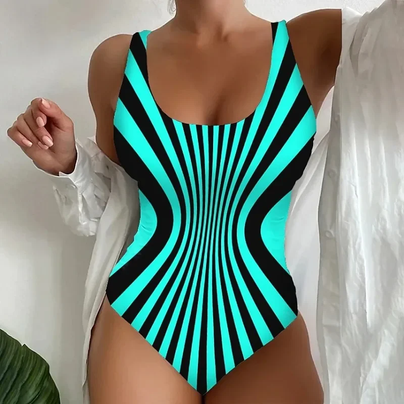 Bañador de una pieza con estampado a rayas para mujer, traje de baño acolchado con realce, Espalda descubierta, cuello en V, ropa de playa, XS-5XL