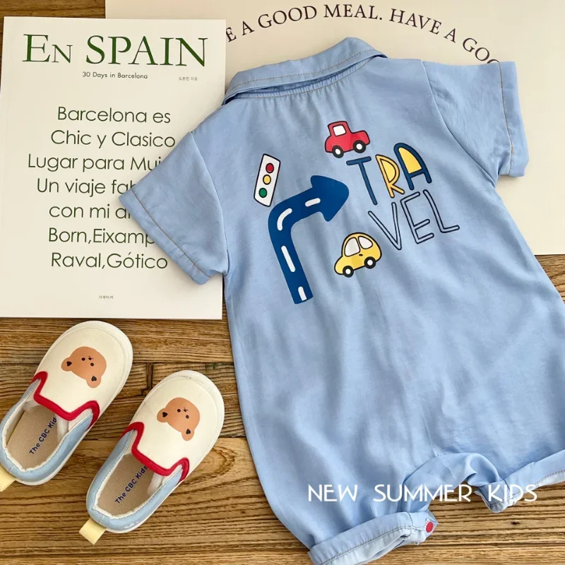 Summer Clothes Short Sleeve Turn Down Collar Cartoon Car Print Pocket Romper Jumpsuit Outfits 0-24M Fashion Newborn Baby Boy