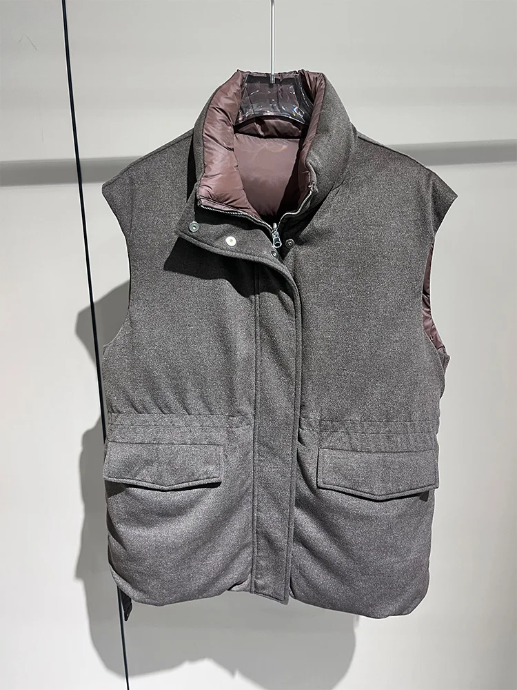 Women Goose Down Vest Wool Blend Fabric Stand Collar Drawstring Waist Sleeveless Puffer Gilet Winter Warm Outerwear