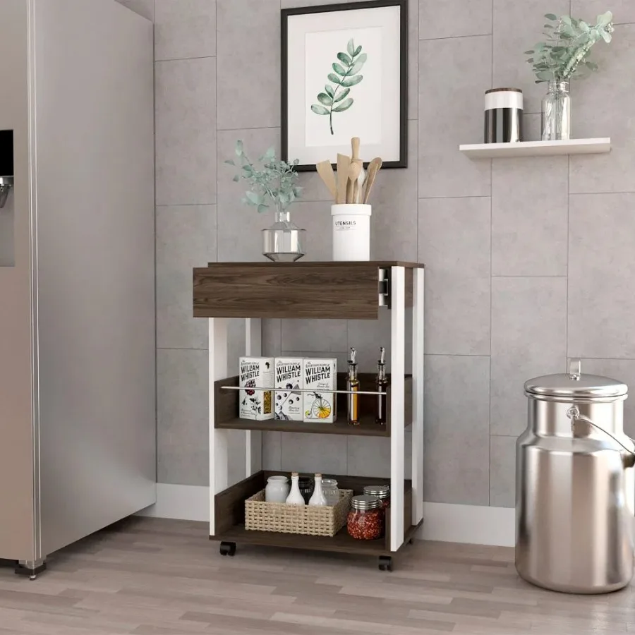 Four Casters Three Shelves Pillar Kitchen Cart White Dark Walnut