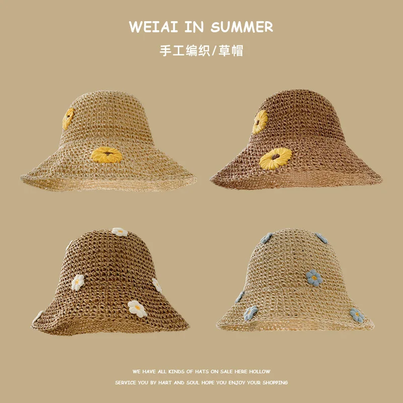 Spring and Summer Korean Style Sweet All-Match Woven Straw Hat Women's Seaside-Proof-Proof Fisherman Hat Big Brim Face-L