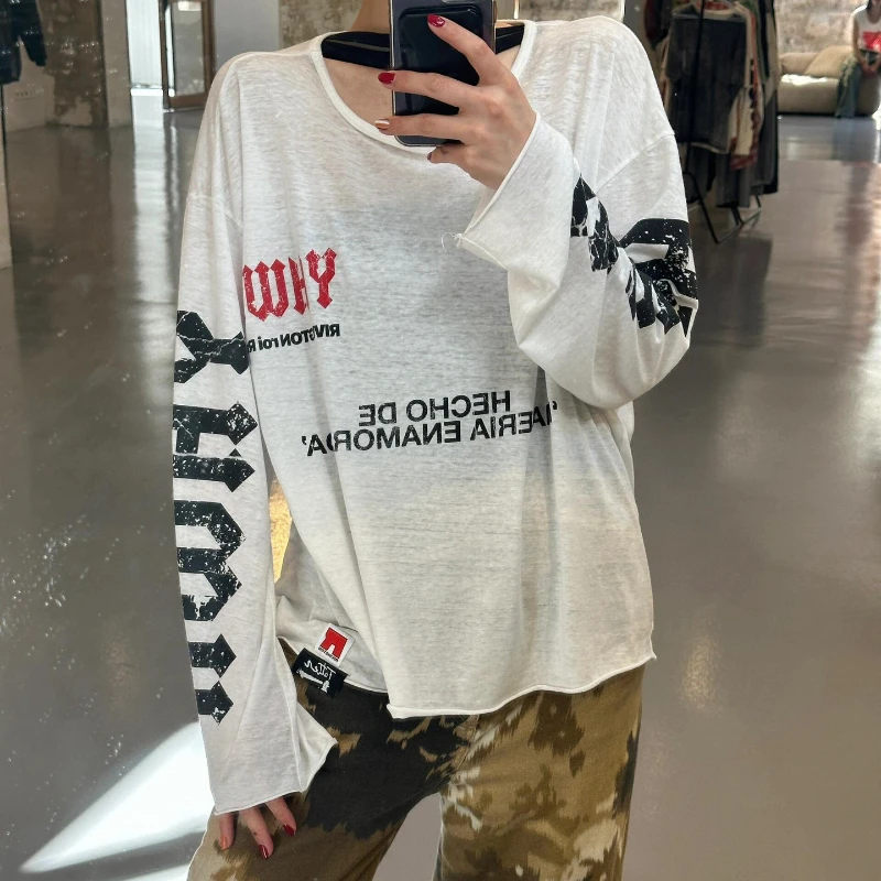 Grunge Distressed Thin Long Sleeve Top Multi Font Letter Print Oversized Sheer Loose Sun Shirt Vintage Streetwear Unisex shirt