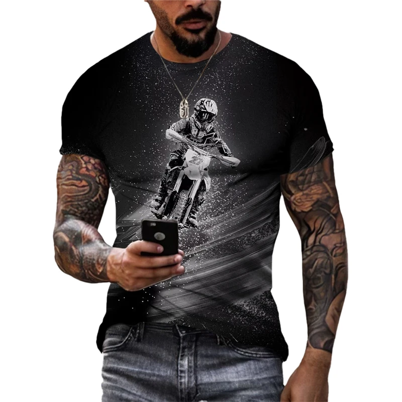 Fashion New Men's Motorcycle Pattern T-Shirt Street Cool Personality Fashion Short Sleeve Tops Trendy Handsome Hip-Hop Clothing
