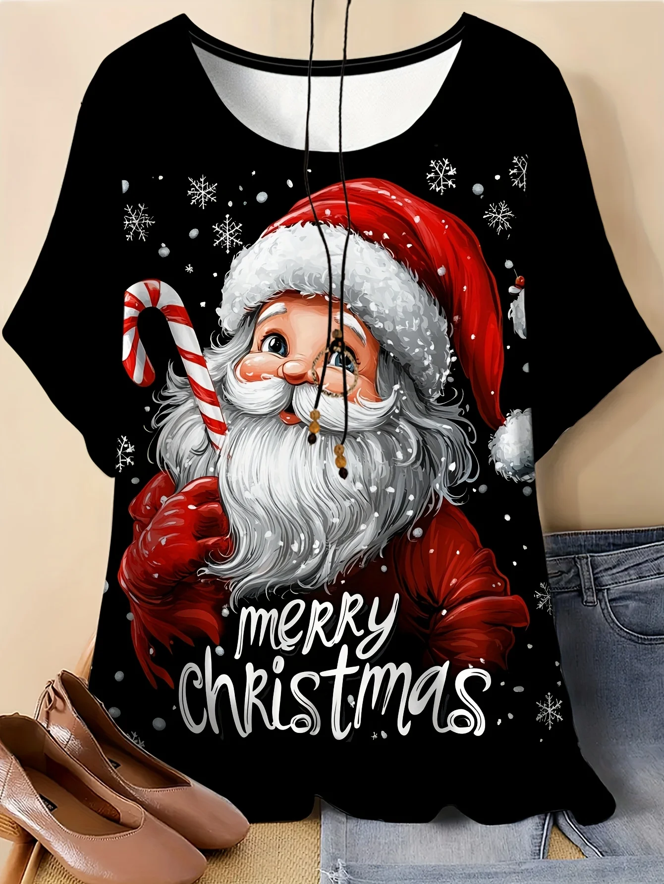 Women'S Santa Claus Print T-Shirt Breathable Round Neck Short Sleeve Summer Top with Candy Cane Snowflake Design Y2k Clothes Top