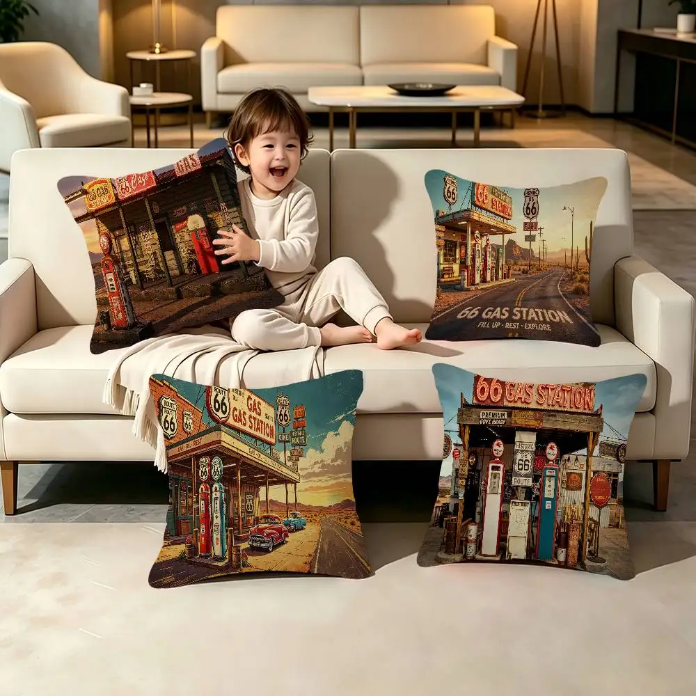 Vintage Historical Route Route 66 Gas Station Pillow Case Home Double-sided Print Short Plush Colorfast Microfiber Cushion Cover