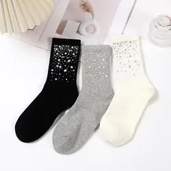 Calcetines de algodón decorativos con diamantes de imitación para mujer, medias de tubo medio que combinan con todo, estilo Ins, 1 par, 2023