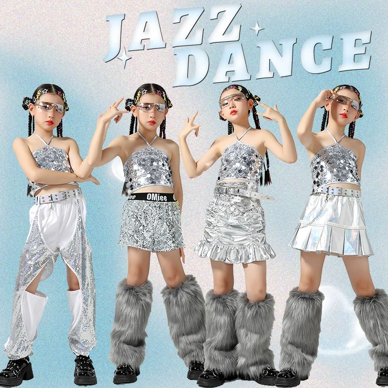 

New Sliver Sequin Vest Hiphop Suit Girls Jazz Dance Performance Stage Costumes Kids Clothing Hip Hop Dance Streetwear DQS15265