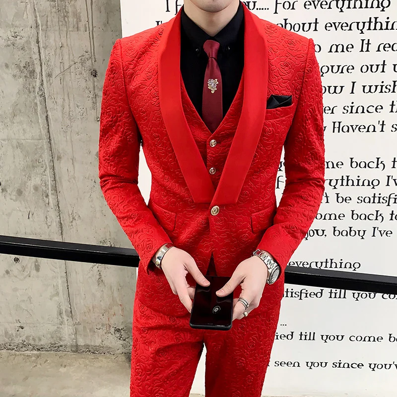 Luxury Blue Suits For Men Black Red White Rose Print Wedding Suits For Men Tuxedo Smoking Homme Mariage Costume 3 Piece Homme