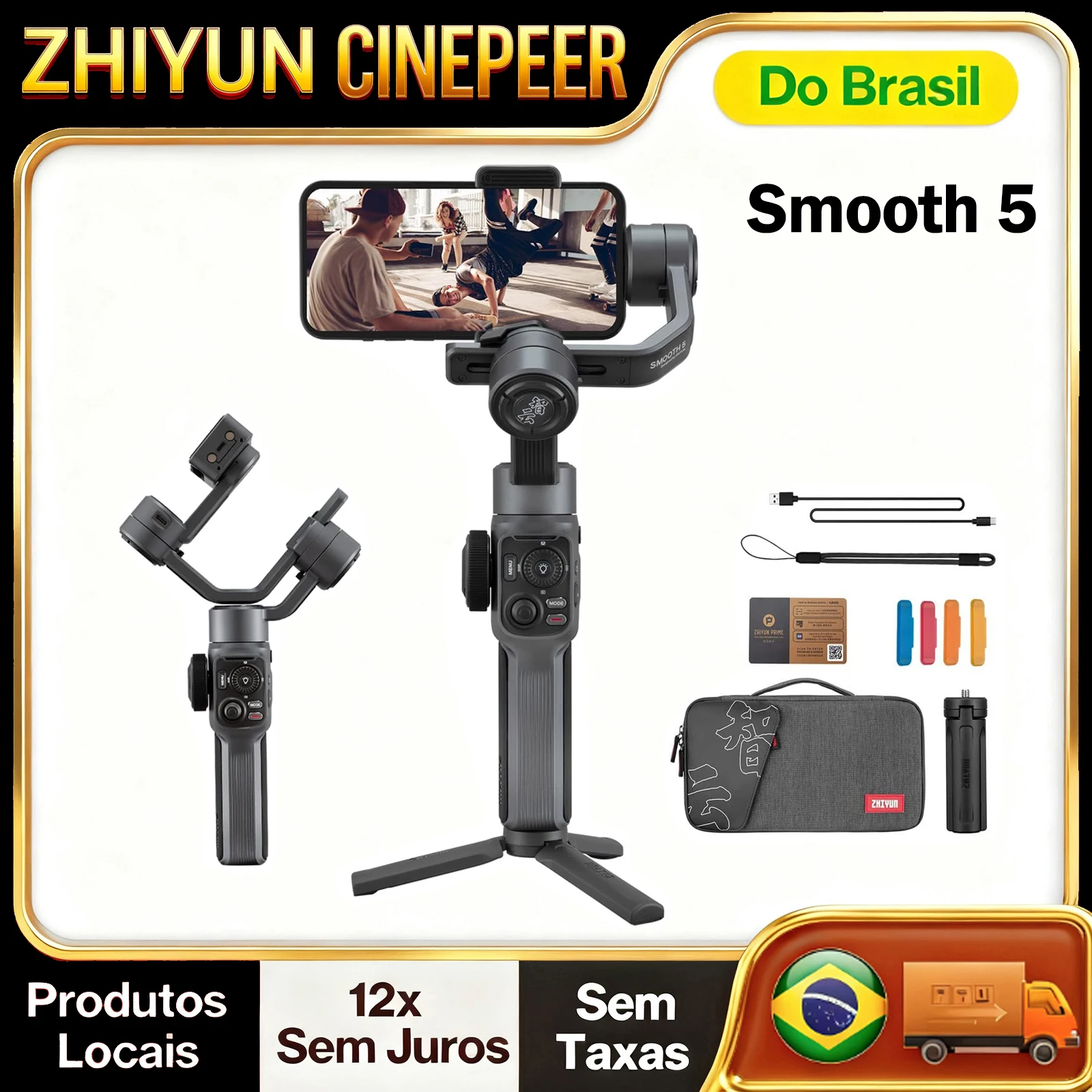 【Do Brasil】Zhiyun Smooth 5 Smartphone Gimbal Estabilizador para iPhone 15 Pro 14 Pro Max Plus 13 Android YouTube TikTok Vídeo