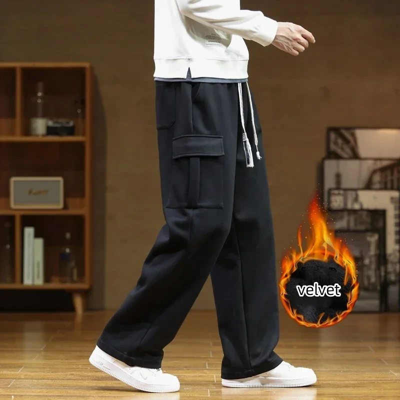 Winter Velvet Sweatpants Cotton Men Baggy Joggers Cargo Pants Neutral Breathable Loose Outdoor Solid Color Wide Legged Trousers