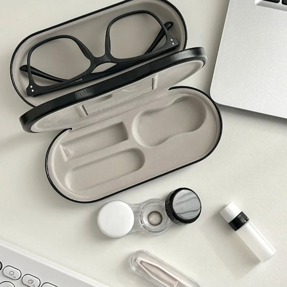 

2 in 1 Glasses Storage Case Double Layer Compression-resistant Glasses Box PU Leather Box with Mirror Cosmetic Case For Travel