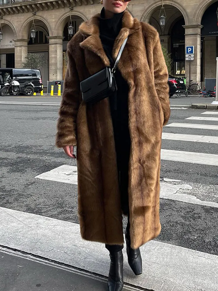 Brown Thicken Faux Fur Overcoat For Women Fashion Oversize Long Sleeve Lapel Long Coat 2024 Winter New Elegant Street Outerwear