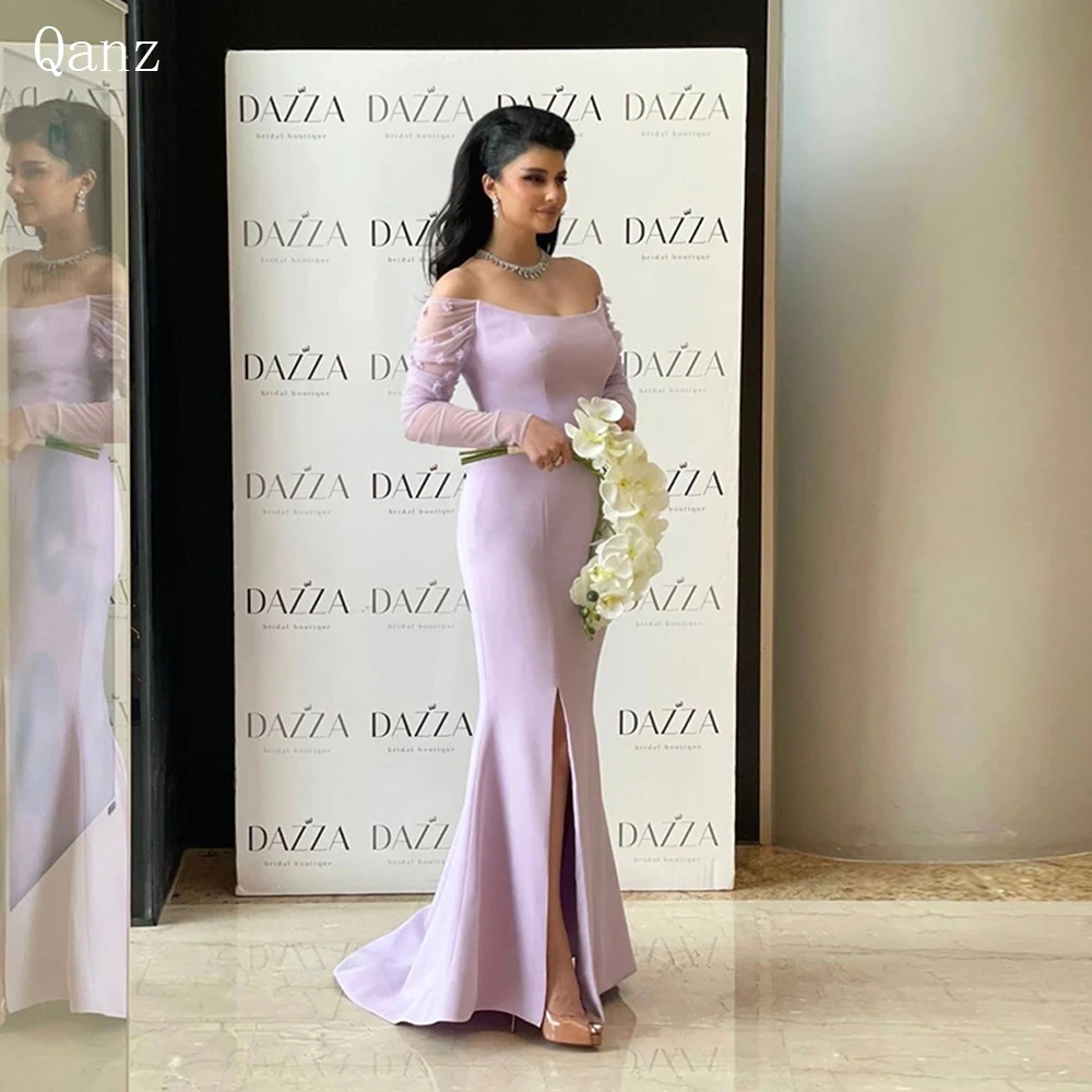 Qanz Formal Mermaid Evening Dresses Lilac Satin Off The Shoulder Leg Slit Backless Flowers Elegant Evening Dresses For Women Lux