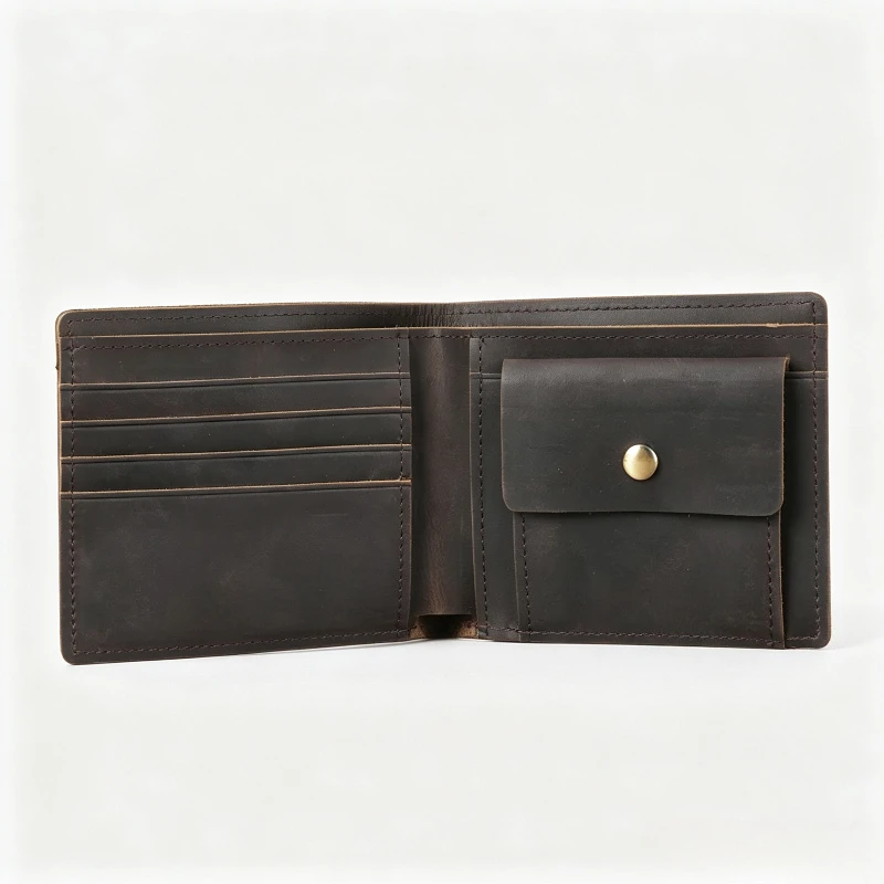 Men's Retro Crazy‑Horse Leather Bi‑Fold Wallet, Built‑in Snap Closure Coin Compartment, Multi‑Card Slot Storage Money Purse