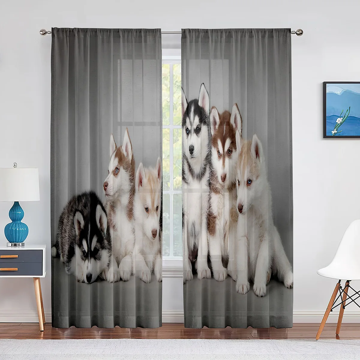 Winter Snow Husky Dog Cute Animal Puppy Sheer Voile Curtains for Living Room Bedroom Kitchen Decor Chiffon Tulle Window Curtains