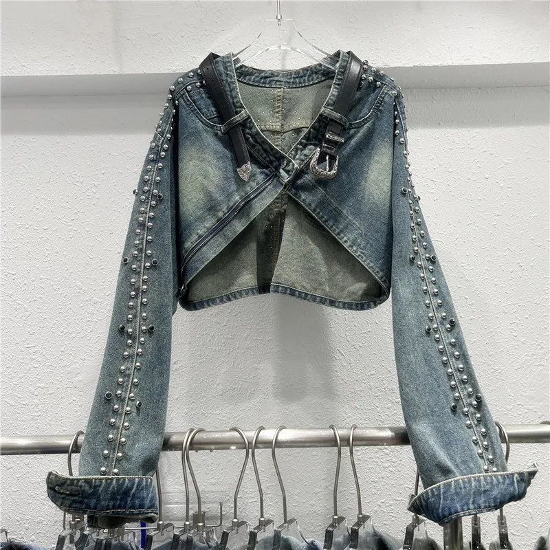 

Women Denim Jacket Rivet Short Coat Sashes Pockets Jackets Distressed Streetwear Female Spring 2026 Washed Vintage Outerwear