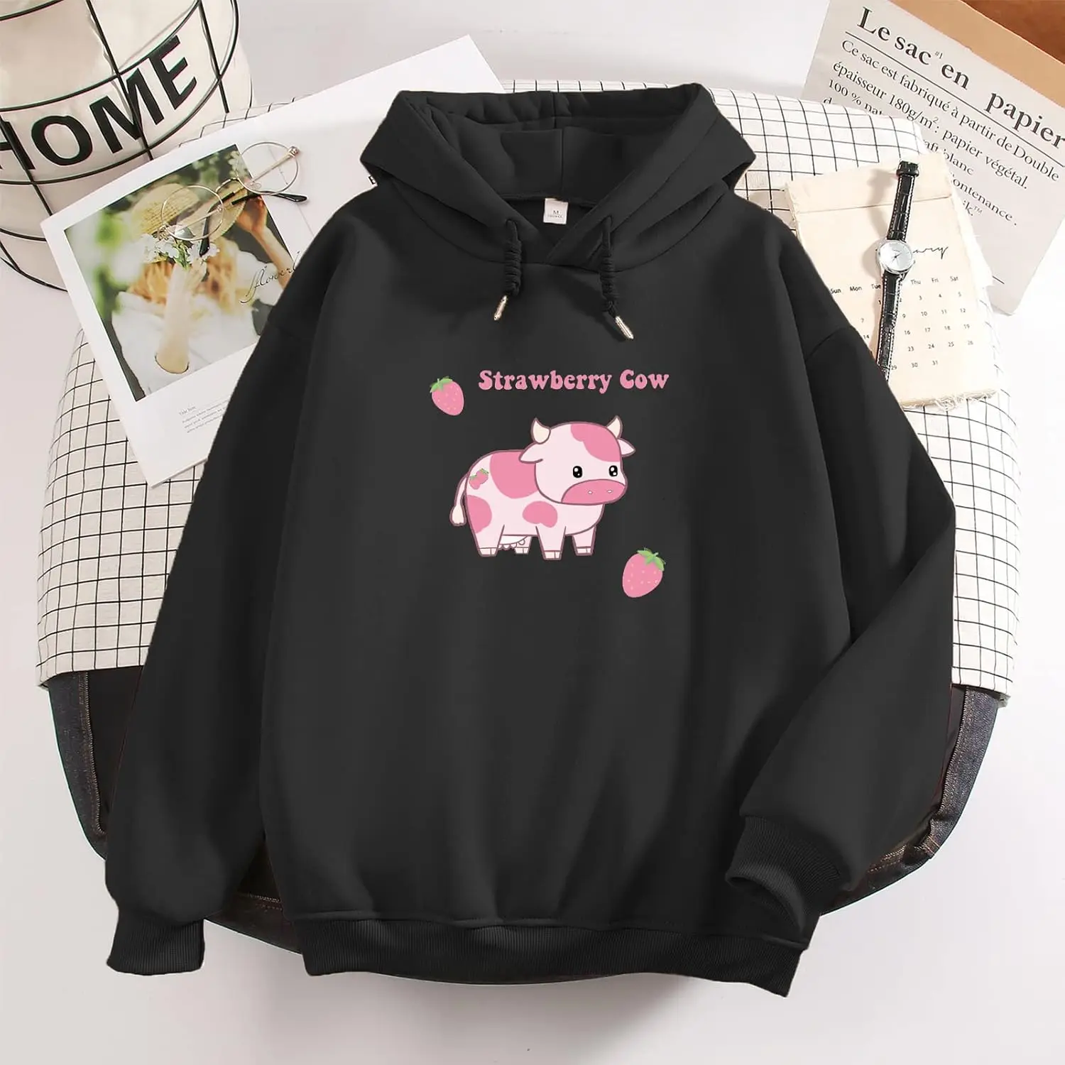 KEEVICI Pullover Sweatshirts for Women Cute Strawberry Cow Print Black Hoodie Casual Fuzzy Top Funny Lovely Pattern Clothing