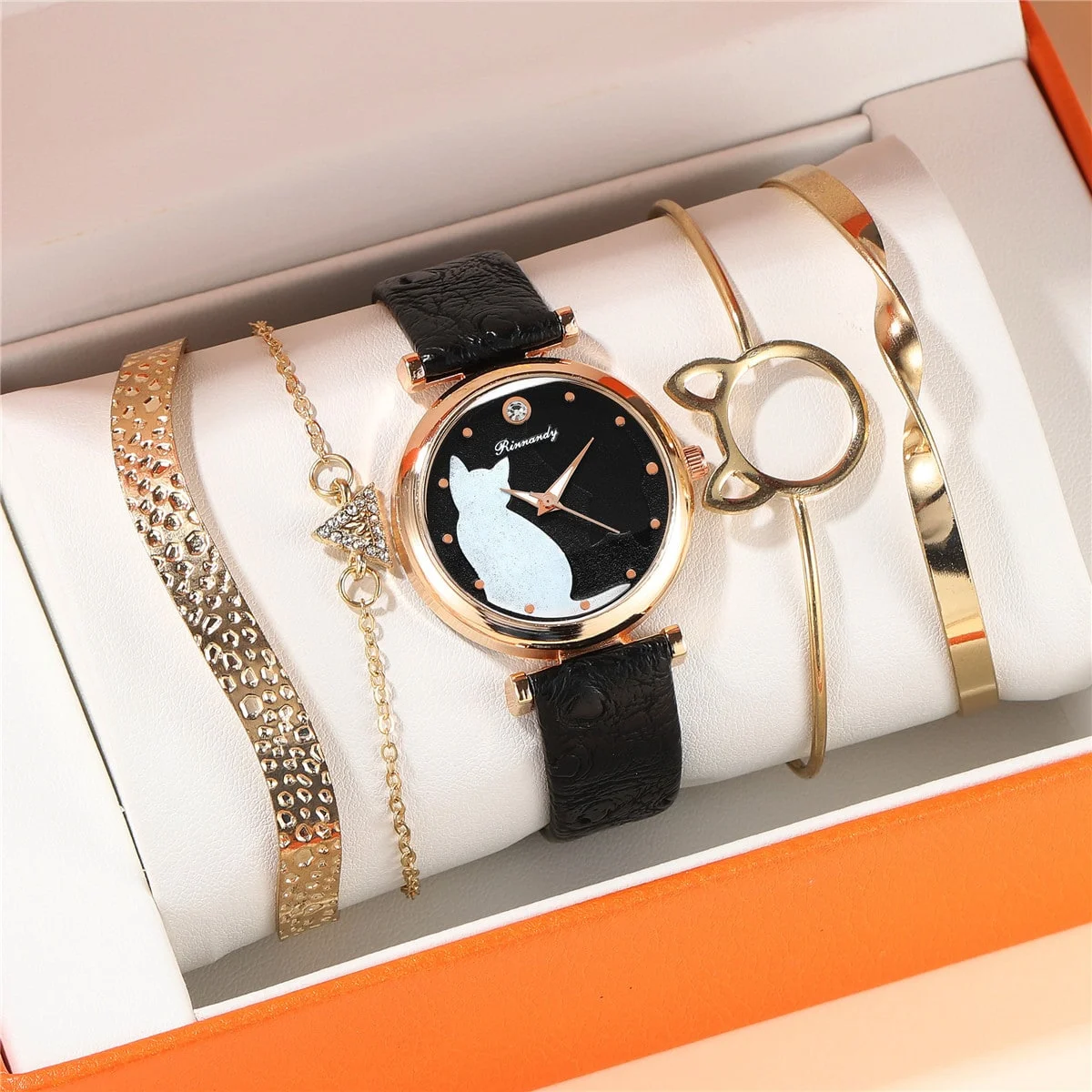 5pcs/set cute fashion cat pattern quartz pu leather women wrist watch