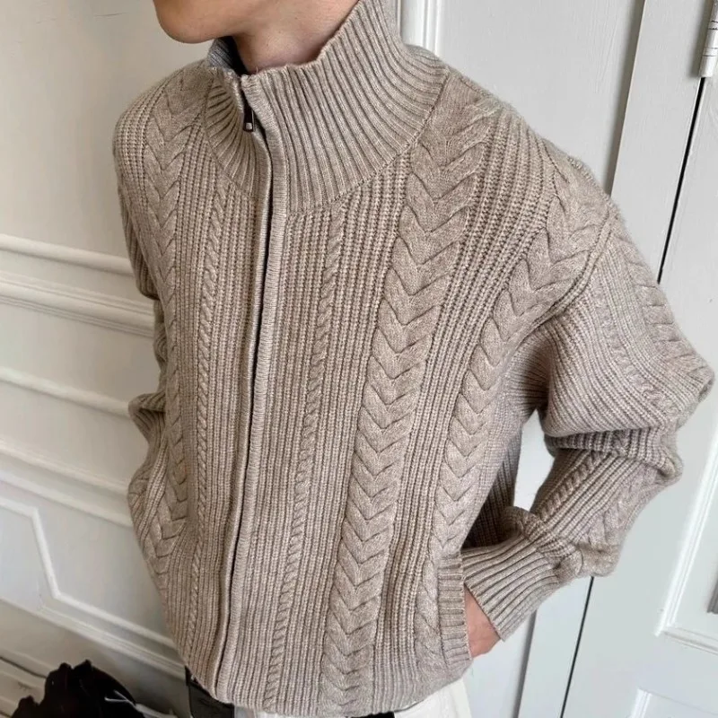 Autumn Winter New Wheat Twists Zipper Sweater Stand Collar Solid Cardigan Men British Style Versatile Casual Thick Knitted Coats