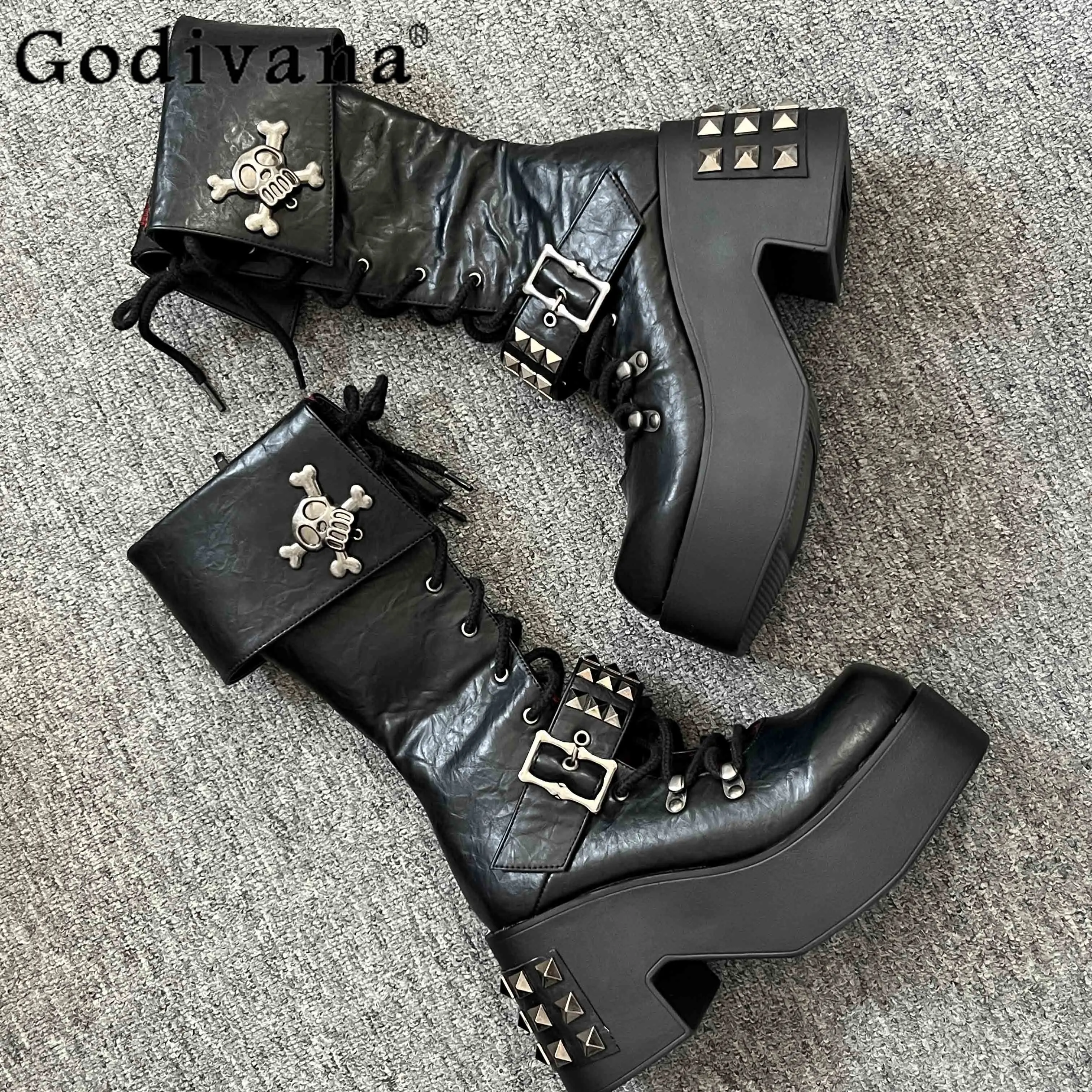 

Hot Girls Street Style Punk Subculture Y2K Platform Shoes Fashion Stocking Boots with Rivets Chunky Heels Pumps