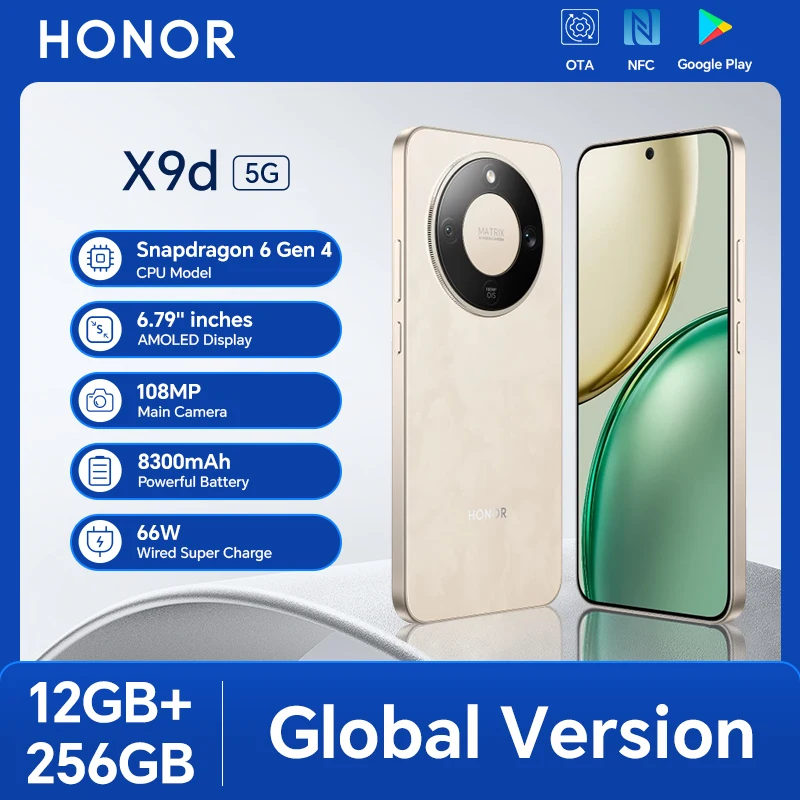 Global Version HONOR X9d 12GB+256GB 6.79'' 120Hz AMOLED Screen 108MP Main Camera 8300 mAh 66W Supercharge Dual SIM Android 15