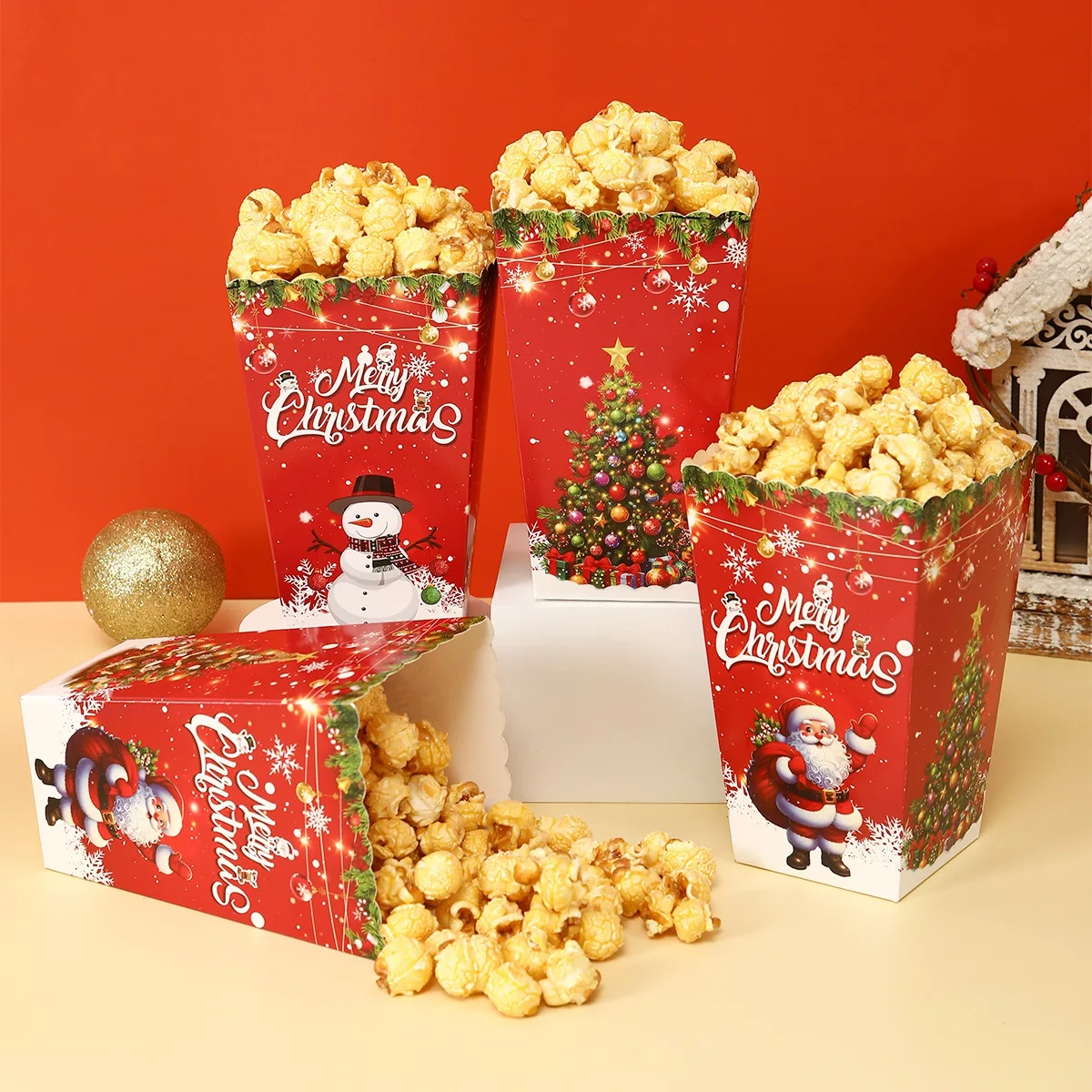 Christmas Popcorn Box Candy Snack Cookies Xmas Favor Bag Christmas Decorations for Home 2024 Navidad Noel Gifts New Year 2025
