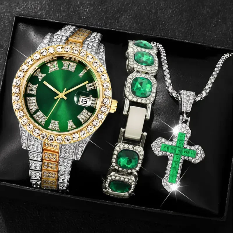 

18 styles of hip-hop diamond studded quartz watches, sugar bracelets, cross necklaces, men's large dial set