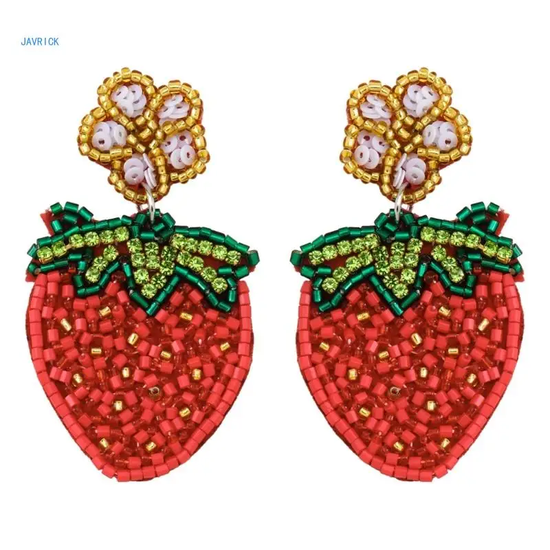 

Beaded Rhinestones Ear Studs Stylish Beaded Strawberry Flower Drop Earrings with Rhinestones Accent