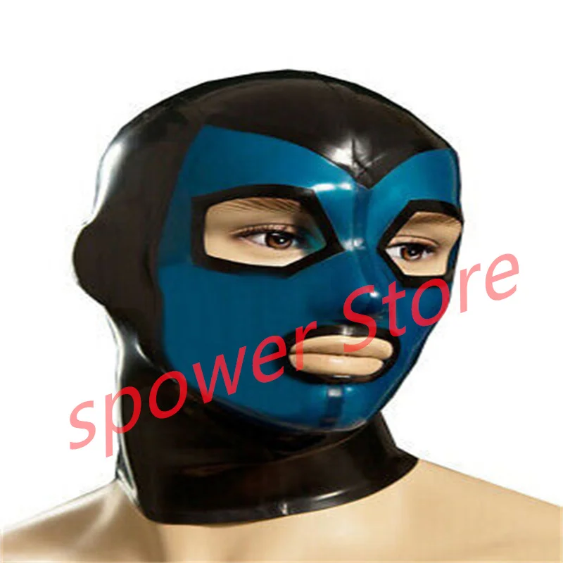 

Natural Latex Full Head Latex Hoods Rubber Mask Fetish Cosplay Costumes Black with Transparent Blue Trim Back Zip Club Wear