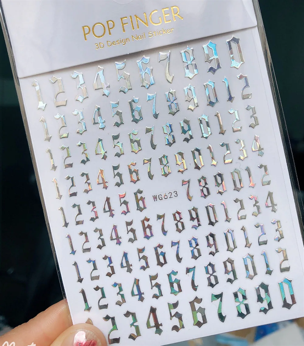 오래된 영어 번호 3D 네일 데칼 스티커, 자체 접착 골드 블랙 화이트 다채로운 레트로 번호 0-9 네일 아트 스티커